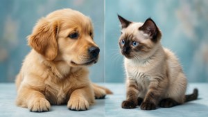 一隻金毛尋回犬幼犬和暹羅貓幼貓一起坐在藍色表面上。