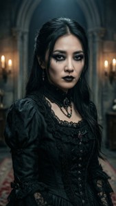 哥德式女性身穿黑色蕾絲長袍，在燭光下的大教堂中