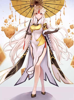 穿著白色和金色服裝的動漫女孩，手持金色陽傘，周圍有漂浮的幾何形狀。 — Kindle Paperwhite 壁紙