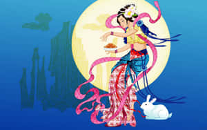 中國月亮女神在滿月下與白兔一起獻上月餅。 — 高畫質月亮 壁紙