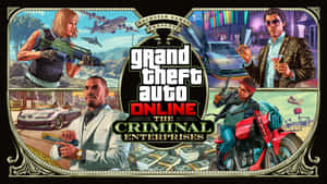 Grand Theft Auto Online 宣傳藝術作品，包含角色、車輛和金錢。 — 電玩遊戲 GIF 壁紙