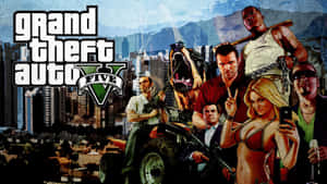 《Grand Theft Auto V》遊戲封面，主角們和城市背景。 — 俠盜獵車手V 壁紙