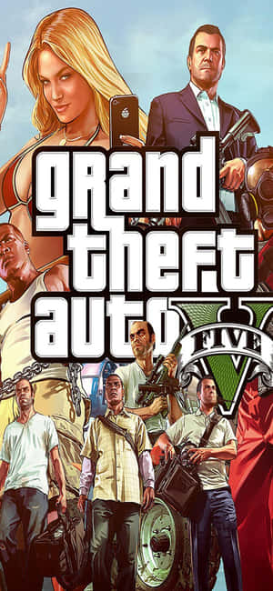 《Grand Theft Auto V》遊戲封面，主角們手持武器和電話。 — Oppo F33 壁紙
