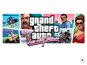 Grand Theft Auto Vice City Stories 遊戲封面，角色和車輛以復古卡通風格呈現。 — 電玩遊戲 GIF 壁紙