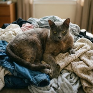 灰貓在臥室的衣服堆上休息。