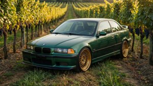 綠色BMW E36雙門轎跑車配金色輪胎停放在陽光明媚的葡萄園中。
