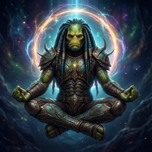 綠色皮膚的外星戰士在太空中冥想，周圍有發光的宇宙能量。 — Pixel Watch 5 壁紙