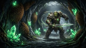 獸人戰士在水晶照亮洞穴中持發光劍