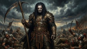一個暗黑裝甲戰士手持鐮刀，站在風暴戰場上倒下的士兵之上。