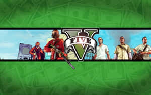 GTA V 遊戲標誌，角色手持武器，背景為綠色美元鈔票。 — 俠盜獵車手V 壁紙