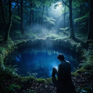 人坐在霧氣瀰漫月光籠罩森林中發光藍色水池旁