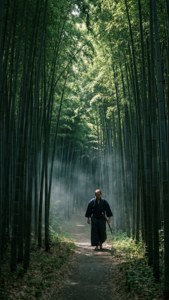 武士獨自穿過霧氣瀰漫的竹林，陽光透過高聳的竹竿灑落。