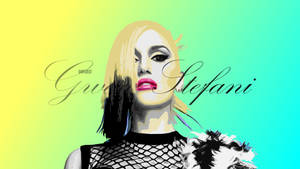 Gwen Stefani 在彩色漸變背景上，帶有鮮豔的妝容和漁網上衣。 — 普普藝術動圖 壁紙