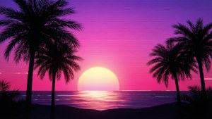 棕櫚樹在平靜的海面上，以發光的紫粉色日落為背景形成剪影。