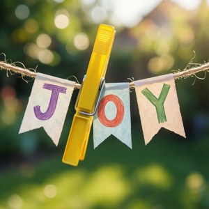 色彩繽紛的手繪 JOY 橫幅夾在繩子上，掛在陽光花園中。 — Pixel Watch 5 壁紙