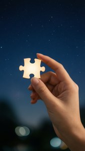 手拿著發光拼圖塊，在繁星夜空下與城市燈光一起。