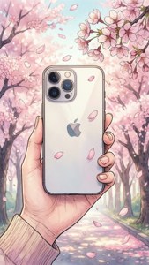 春天在飄落的櫻花下握著iPhone。