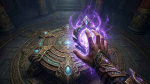 幻想盔甲的手在神廟中將紫色魔法引導到華麗的石壇上。