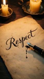羊皮紙上手寫的Respect一詞，配有鋼筆和蠟燭。
