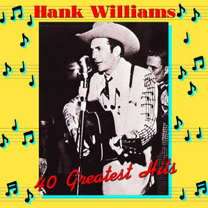 Hank Williams 在黃色音符背景上對著麥克風唱歌，同時彈奏吉他。 — 音樂 壁紙
