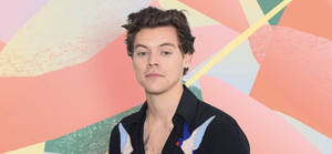 Harry Styles 穿著帶有鳥刺繡的黑色襯衫，背景是色彩繽紛的抽象圖案。 — 哈利波特 美學 壁紙