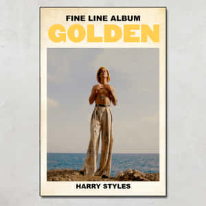 Harry Styles 赤裸上身站在懸崖上俯瞰海洋，帶有 'Golden' 專輯文字。 — 哈利·史泰爾斯 GIF 壁紙