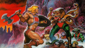 He-Man 與蛇怪和爬蟲軍團在熾熱的奇幻戰鬥中交戰。 — 桌面 壁紙