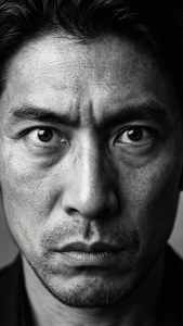 黑白特寫肖像，一位嚴肅男子眼神銳利。
