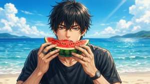 年輕動漫男子在陽光明媚的海灘上吃西瓜，背景有海洋和山丘