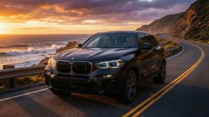 黑色BMW X5在日落時分沿海岸道路行駛，伴有海浪。
