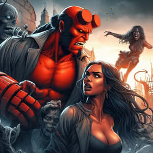 Hellboy 在黑暗的哥德式城市中被尖叫女性和怪物包圍。 — 黑暗騎士 壁紙