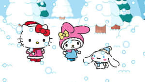 Hello Kitty My Melody 和 Cinnamoroll 在森林中享受一個白雪皚皚的冬日。 — Hello Kitty 萬聖節 壁紙