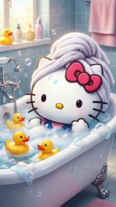 Hello Kitty 在泡泡浴中，有橡膠鴨子和頭上的毛巾。