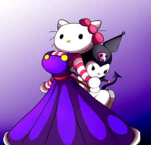 Hello Kitty 和 Kuromi 穿著帶條紋袖子的紫色連衣裙。 — 庫洛米 壁紙