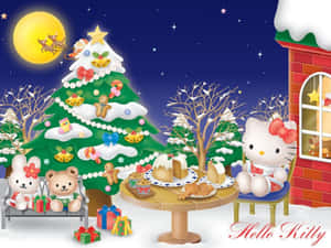 Hello Kitty 和朋友們在雪樹下慶祝聖誕節，有禮物和明亮的月亮。 — Hello Kitty 萬聖節 壁紙