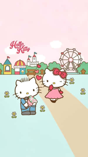 Hello Kitty 和朋友在一個充滿愛心和糖果色建築的夢幻遊樂園漫步。 — 凱蒂貓 美學 GIF 壁紙