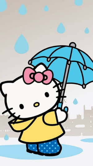 Hello Kitty 在雨中撐藍色傘，穿黃色外套和波點褲。 — 凱蒂貓 美學 GIF 壁紙