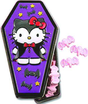 Hello Kitty 在紫色棺材裡，有蝙蝠和星星，穿著黑色吸血鬼服裝。 — Galaxy Z Fold 壁紙