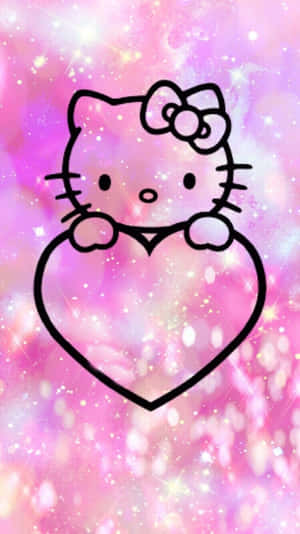 Hello Kitty 在閃爍的粉紅銀河背景中拿著一顆心。 — 粉紅色 壁紙