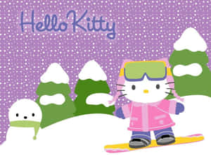 Hello Kitty 在雪地森林中與雪人一起玩滑雪板。 — 可愛聖誕節 壁紙