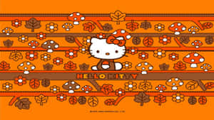 Hello Kitty 在秋季主題圖案壁紙中，有蘑菇和樹葉 — 可愛感恩節 壁紙
