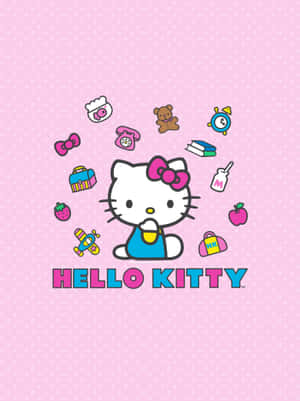 Hello Kitty 被漂浮的學校用品圍繞在粉紅色圓點背景上。 — 2048x2732 壁紙