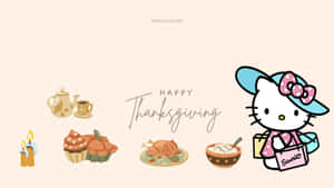 Hello Kitty 在米色背景上拿著一個袋，旁邊有感恩節食物圖標 — Hello Kitty 萬聖節 壁紙
