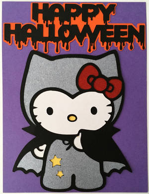 Hello Kitty 穿著吸血鬼服裝，帶有蝙蝠翅膀和星星，在紫色萬聖節背景上。 — 可愛萬聖節桌面 壁紙