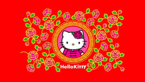Hello Kitty 穿著傳統裙子，被紅色背景上的花朵環繞 — 凱蒂貓 美學 GIF 壁紙