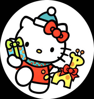 Hello Kitty 穿著節日服裝，拿著禮物和長頸鹿玩具。 — 聖誕節 壁紙