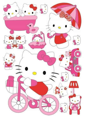 Hello Kitty 貼紙，以粉紅色服裝展示腳踏車、浴缸、雨傘和汽車。 — 白兔 壁紙