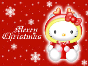Hello Kitty 穿著紅色節日服裝，在紅色背景上有雪花。 — Hello Kitty 萬聖節 壁紙