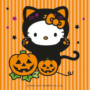 Hello Kitty 穿著萬聖節服裝，在條紋背景中拿著南瓜 — Hello Kitty 萬聖節 壁紙
