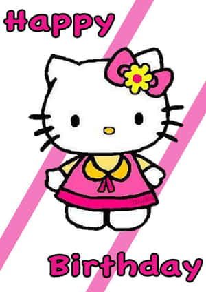 Hello Kitty 卡通角色身穿粉紅色連衣裙，附有生日祝福文字。 — 凱蒂貓 美學 GIF 壁紙